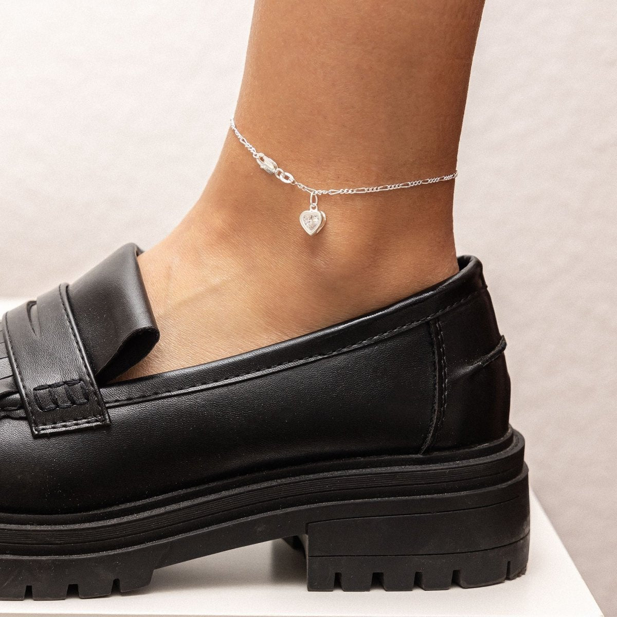 Fußkette 925 Silber mit Herz - Anhänger und Zirkonia weiß 25cm lang - Avrum