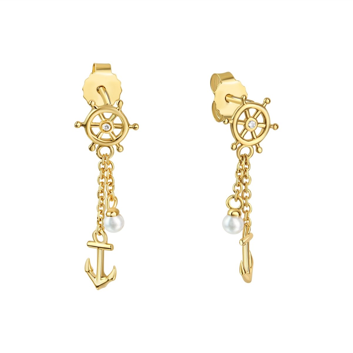 Ohrhänger 925 Sterling Silber vergoldet Anker und Rad mit Zirkonia - Avrum