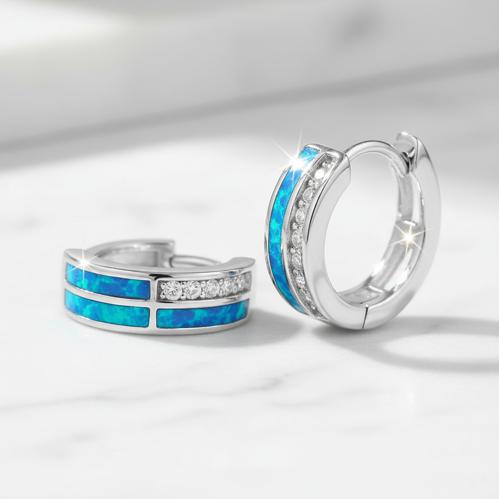 Klappcreolen 925 Sterling Silber rhodiniert synth.Opal blau und Zirkonia Opal & Zirkonia - Avrum