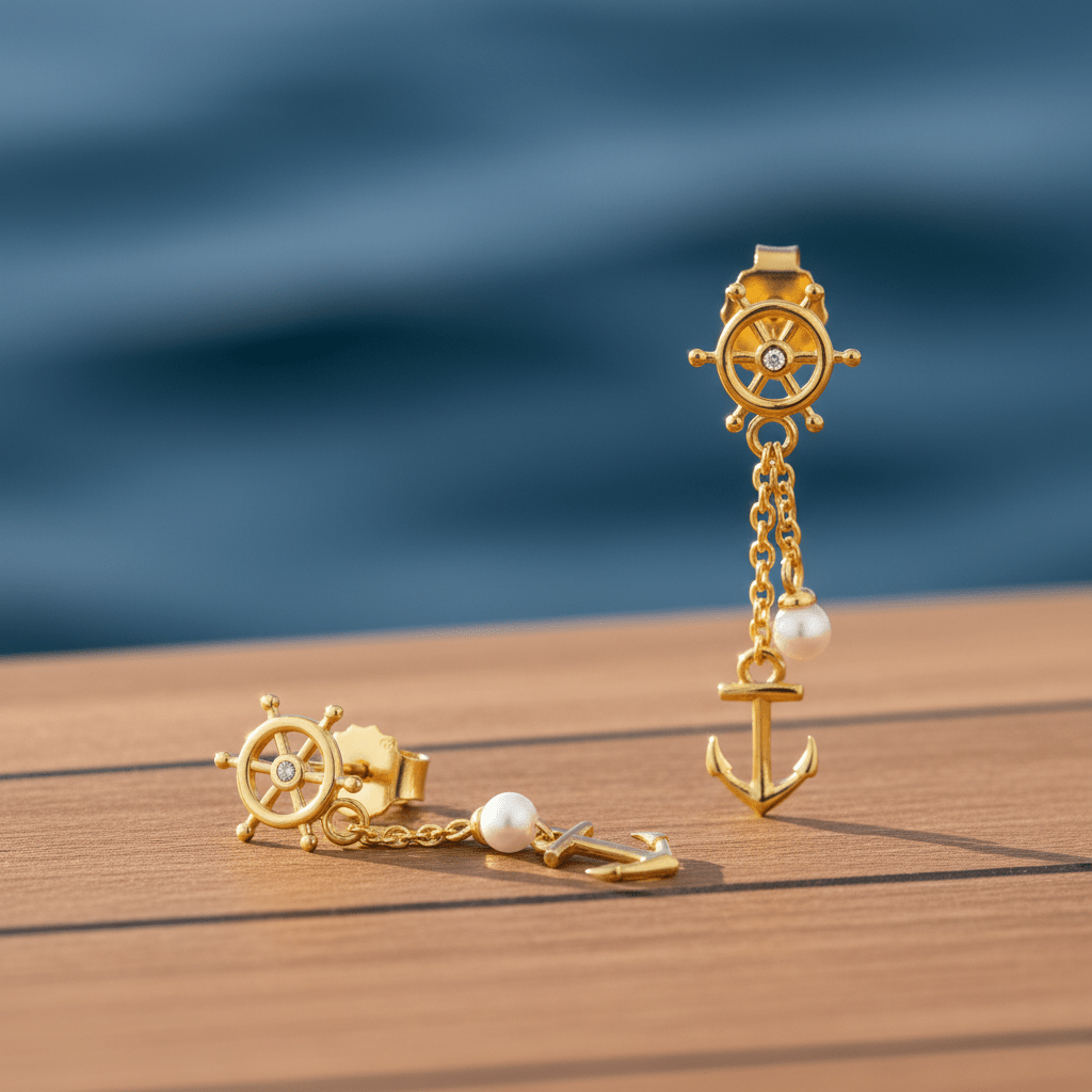 Ohrhänger 925 Sterling Silber vergoldet Anker und Rad mit Zirkonia - Avrum